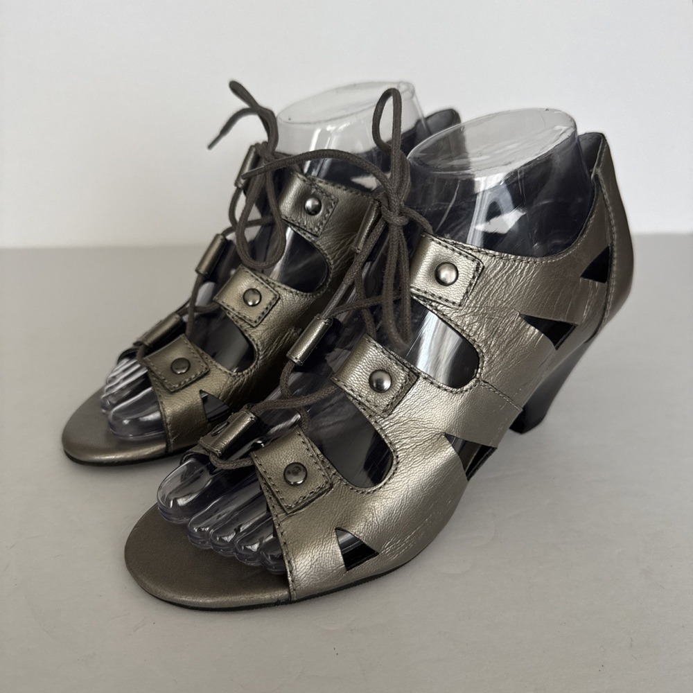Elpitas Heels Pavia Size 7.5 Metallic Pewter Lace Up Cage Gladiator Sandals
